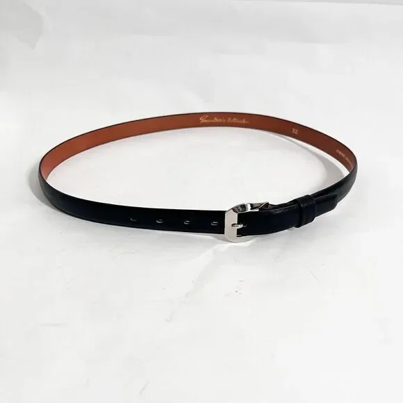 Genuine Shrunken Calf Leather Belt Women Size 32 Black Silver Slim Skinny - Picture 1 of 6
